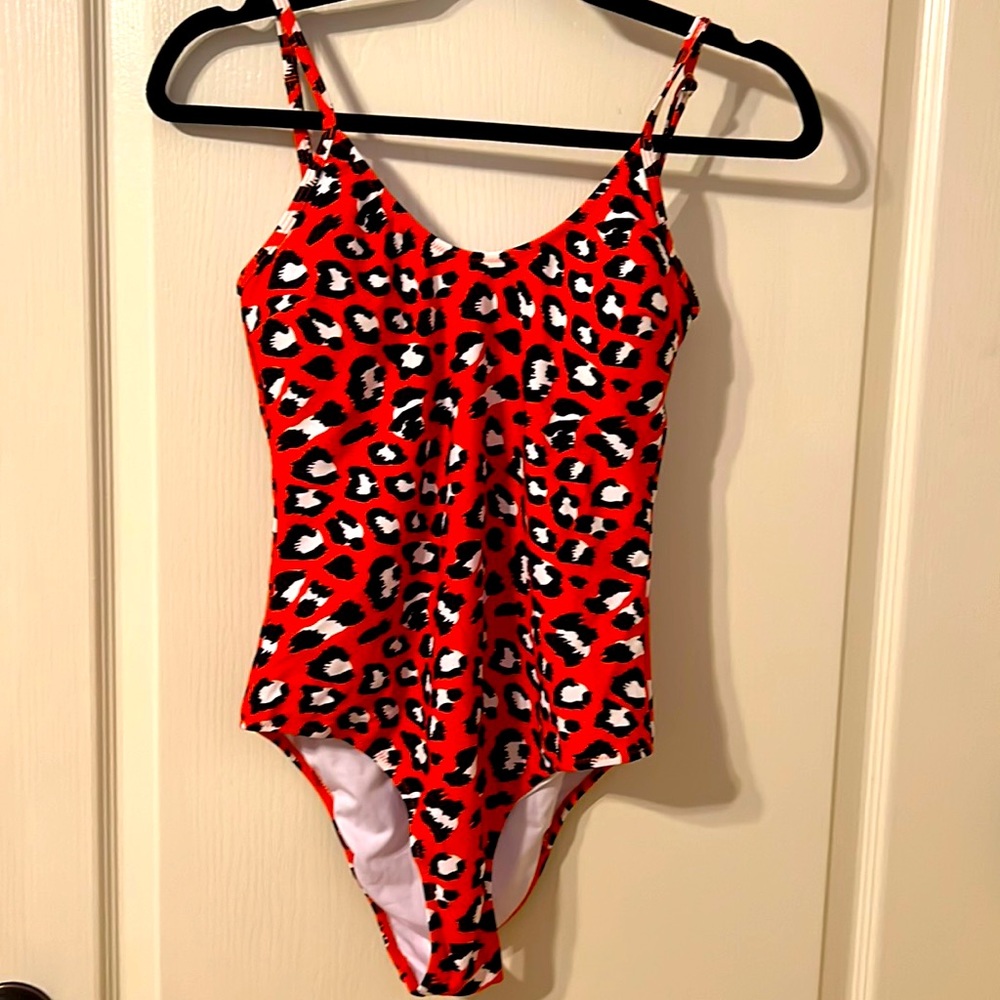 Bright orange leopard print one piece bathing suit
